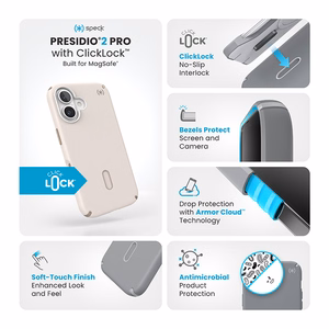 Speck Presidio2 Pro dėklas su MagSafe ir ClickLock, skirtas iPhone 16, „Bleached Bone/Heirloom Gold“
