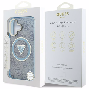 Guess IML Metal Glitter 4G Circle Triangle Magnetinis dėklas telefonui iPhone 16 - mėlynas