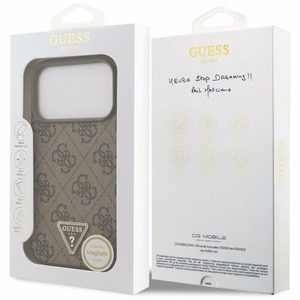 Guess Leather 4G Triangle Strass MagSafe dėklas iPhone 18 Pro / 17 Pro – rudas
