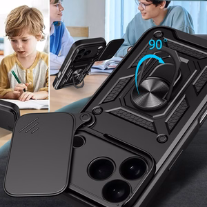 Hibridinis šarvuotas Camshield dėklas iPhone 17 Pro Max su stovu ir kameros dangteliu - juodas