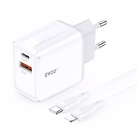 BWOO sieninis įkroviklis CDA182 QC 38W 1x USB-A + 1x USB-C su USB-C C-Lightning kabeliu 1 m juodas