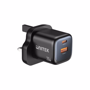 Unitek GaN tinklo įkroviklis USB-A ir USB-C 20W juodas