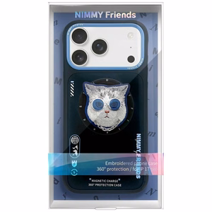 NIMMY dėklas GLASSES COOL CAT suderinamas su MagSafe IPHONE 17 Pro Max juodas mėlynas