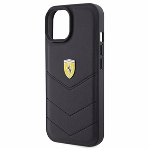 Ferrari dygsniuotas metalo logotipa dėklas iPhone 15 – juodas