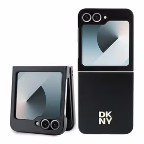 DKNY Dėklas telefonui Samsung Galaxy Z Flip6 odinis metalinis su Stack Logo - juodas