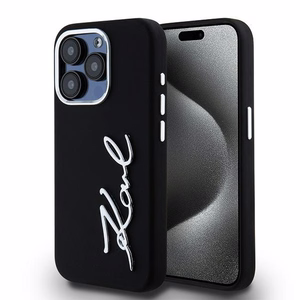 Karl Lagerfeld Silikoninis Metal Script Logo dėklas telefonui iPhone 15 Pro - juodas