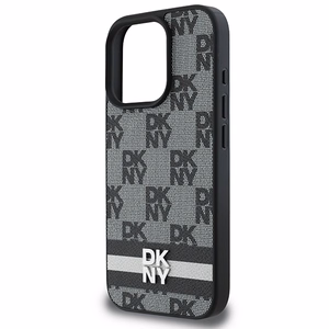 DKNY Dėklas telefonui iPhone 16 Pro su patikrintu raštu ir spausdintomis juostelėmis - juodas
