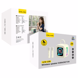 Blavec nešiojama Bluetooth garso kolonėlė WS-09 Karaoke Fun - 10W su 2 mikrofonais ir ekranu (WS09-2MBE) smėlio