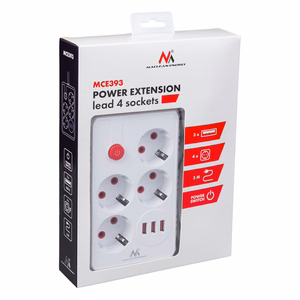 Maclean MCE393 W – ilgintuvas su lizdais, 4 lizdai + 3×USB, 110–240 V AC, 50/60 Hz, 2,1 A, iki 2500 W, 3 m, baltas