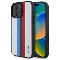 BMW M Performance trispalvių atspausdintų juostų magnetinis dėklas telefonui iPhone 16 Pro Max - baltas