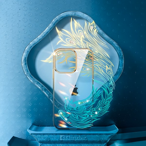 Prabangus iPhone 14 Pro dėklas su Kingxbar Phoenix kristalais - auksinis ir mėlynas