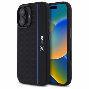 BMW Silikoninis Hexagon Blue Line Magnetinis dėklas iPhone 16 - juodas