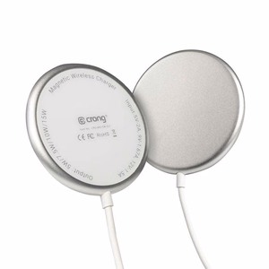 Crong MagSpot aliumininis 15 W magnetinis belaidis įkroviklis, suderinamas su MagSafe, sidabro ir baltos spalvų