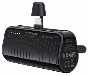 VEGER išorinė baterija 5000 mAh su įmontuotu jungtimi Lightning PlugOn PD QC3.0 3A 20W W0558P juoda