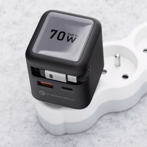 FORCELL F-ENERGY GaN III VT-R7 kelioninis įkroviklis su ištraukiamu kabeliu Type C ir 1x Type C, 1x USB A įkrovimo prievadais PD QC4.0 3A 70W pilkas