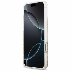 GUESS dėklas telefonui IPHONE 17 Pro Max, suderinamas su MagSafe GUHMP17XRGRGED (dervos apačia su blizgučiais) auksinis
