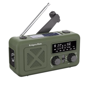 Kruger&Matz nešiojamasis saulės energijos avarinis radijas su SOS, 2000 mAh išorine baterija, žibintuvėliu ir dinama