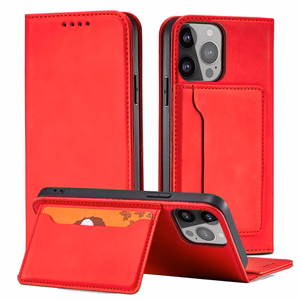 Magnet Card dėklas iPhone 14 Plus atveriamas dangtelis piniginė su stovu raudonas