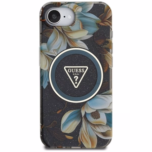 Guess IML Metal Glitter Flowers Triangle Magnetinis dėklas telefonui iPhone 16e - juodas