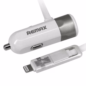 REMAX automobilinis įkroviklis RCC-102 - USB - 3,4A su 2 in 1 kabeliu Micro USB, Lightning sidabrinis
