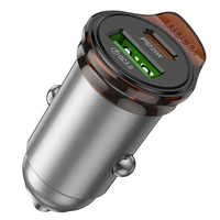 Automobilinis įkroviklis Hoco USB A + USB C QC3.0 PD 43W + kabelis USB C į USB C NZ16A metalinis pilkas