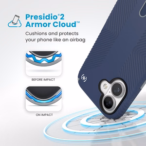 Speck Presidio2 Grip dėklas su MagSafe ir ClickLock, skirtas iPhone 16, „Coastal Blue/Dust Grey“