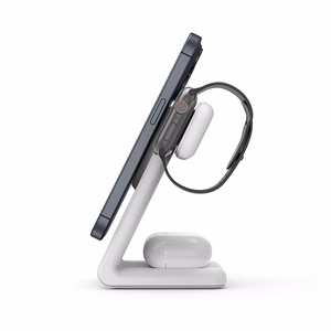 Crong MagSpot Pivot Stand 3 viename belaidis įkroviklis, skirtas iPhone, Apple Watch ir AirPods, suderinamas su MagSafe, baltas