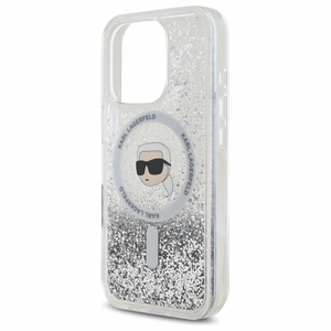 Karl Lagerfeld skystų blizgučių Karl Head magnetinis dėklas telefonui iPhone 16 Pro - skaidrus