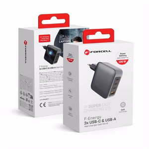 FORCELL F-ENERGY GaN VT-46 pilkas kelioninis įkroviklis 3 x Type C + USB A PD QC4.0 5A 100W su PD