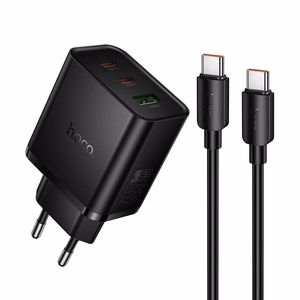telefono įkroviklis Hoco 2x USB C + USB A QC3.0 PD 3A 65W + duomenų laidas USB C to USB C N75 juodas