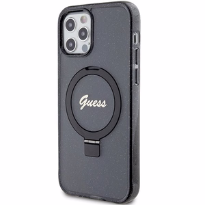 Guess Ring Stand Script Glitter Magnetinis dėklas telefonui iPhone 12/12 Pro - juodas