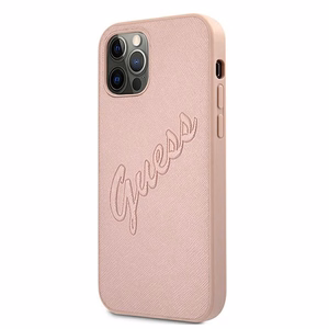 Guess GUHCP12LRSAVSRG iPhone 12 Pro Max 6.7 rožinis kietasis dėklas Saffiano Vintage Script