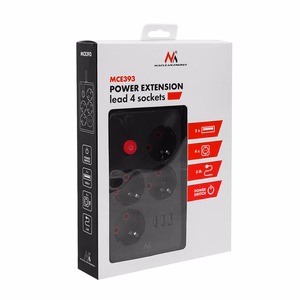 Maclean elektros paskirstytuvas, 4 lizdai + 3xUSB prailginimo laidas, 110–240 V kintama srovė, 50/60 Hz, 2,1 A, maks. 2500 W, 3 m, juodas, MCE393 B