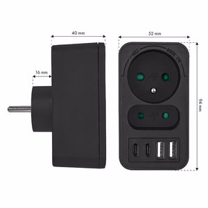 Maclean MCE249 F/B – mains socket splitter, 2 sockets, 4 USB ports: 2×USB-A and 2×USB-C PD 20 W, 1×16 A + 1×6 A