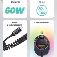 USAMS automobilinis įkroviklis C37 1xUSB+1xUSB-C 60W + laidas Ligtning 30W PD+QC Fast Charge juodas CC193CC01 (US-CC193)