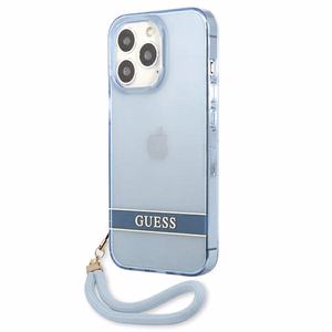 Guess GUHCP13LHTSGSB iPhone 13 Pro / 13 6.1 dėklas telefonui, mėlynas, kietas, pusiau permatomas su dirželiu