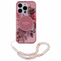 Guess IML Flowers With Pearl Strap MagSafe iPhone 16 Pro Max dėklas - Pink