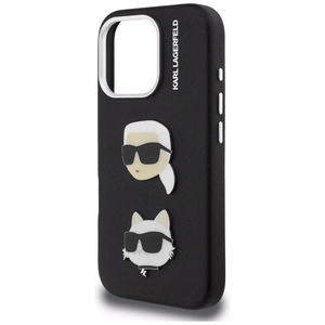 Karl Lagerfeld FW Grained Karl & Choupette Heads Pins Dėklas iPhone 16 Pro - juodas
