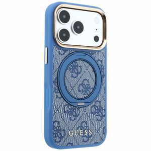 Guess 4G Classic Logo dėklas, skirtas iPhone 18 Pro Max / 17 Pro Max, su 360° žiedu-stovu, suderinamas su MagSafe – mėlynas