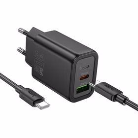 Įkroviklis telefonui Hoco USB A + USB C QC3.0 PD 3A 30W + kabelis USB C į USB C N63 juodas