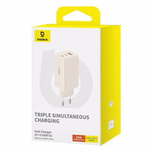 Sieninis įkroviklis Baseus GaN5 2x USB-C + USB, 65W + laidas 1m (baltas)