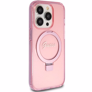 Guess dėklas telefonui su stovu Ring Stand Script Glitter magnetinis iPhone 15 Pro - rožinis
