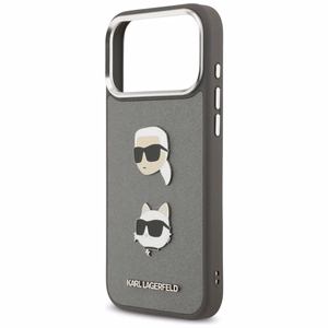 Karl Lagerfeld FW Grūdėtas Karl & Choupette Heads Pins & Logo dėklas telefonui iPhone 17 Pro Max - pilkas