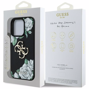 Guess Grained Roses Big 4G logo dėklas telefonui iPhone 16 Pro Max - juodas