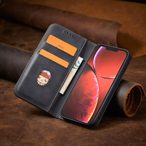 Magnet Fancy Case dėklas iPhone 14 Pro su flip dangčiu, pinigine ir stovu - juodos spalvos