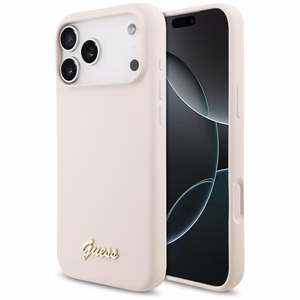 rožinis Guess Silicone Script Metal Logo MagSafe dėklas Iphone 18 Pro Max / iPhone 17 Pro Max