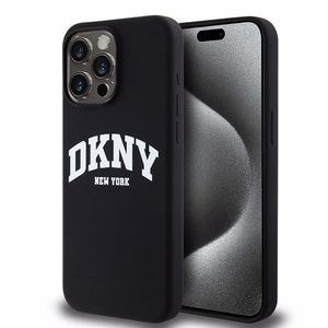 DKNY Skystas silikoninis dėklas MagSafe iPhone 15 Pro Max su balto logotipo spauda - juodas (m)