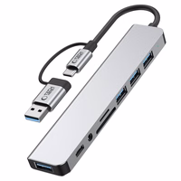 "Tech-Protect" HB06 HUB adapteris 8in1 TYPE-C + USB2.0 + USB3.0 + SD/TF + AV3.5 - pilkos spalvos