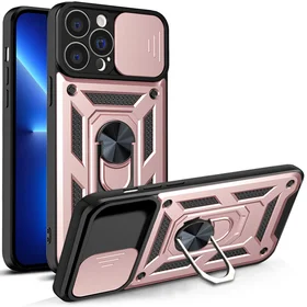 Hybrid Armor Camshield dėklas telefonui iPhone 13 Pro šarvuotas dėklas su kameros dangteliu rožinis