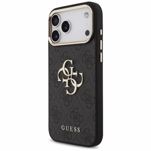 Guess PU Leather 4G Metal Logo Gold Frame dėklas Apple iPhone 18 Pro Max, juodas